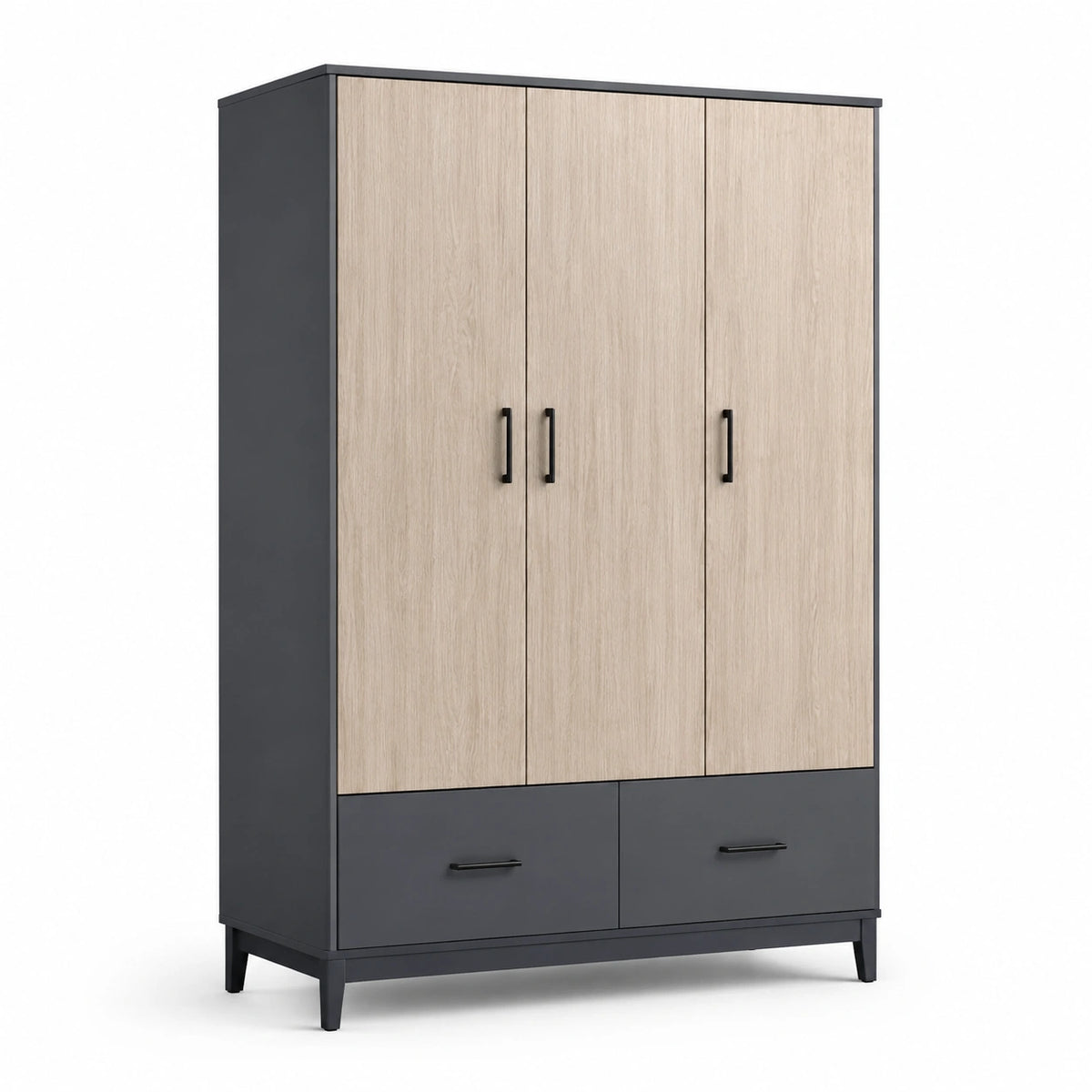Armario de 3 puertas con cajones de madera MDF color roble/gris 200x120x50cm