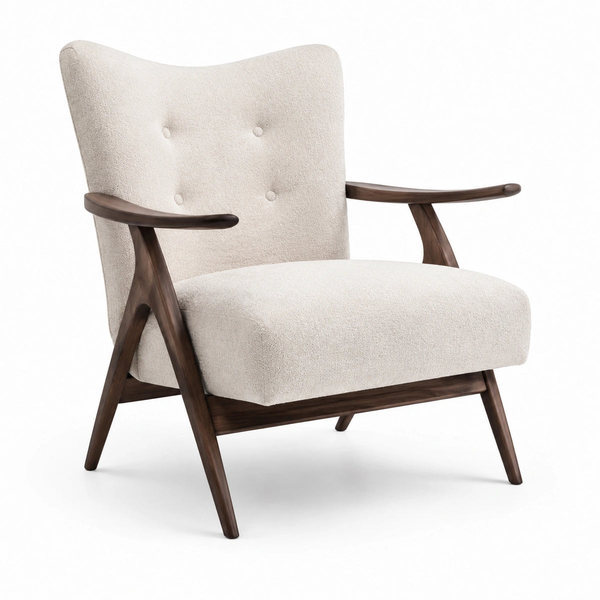 Sillón de tela bouclé beige con estructura de madera de nogal
