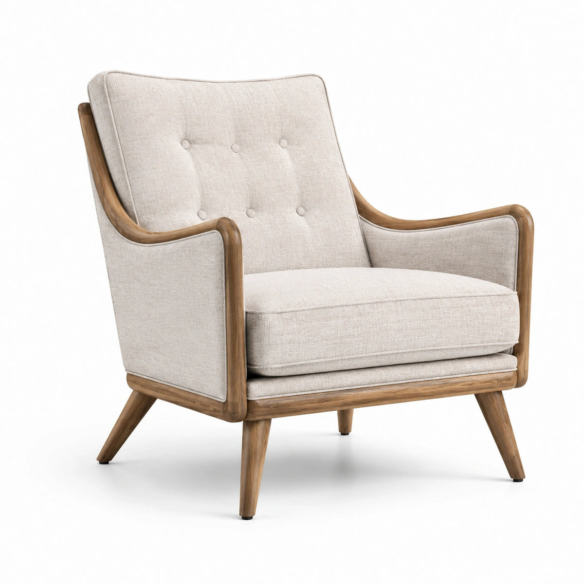 Sillón de Tela Beige con Estructura de Madera de Roble