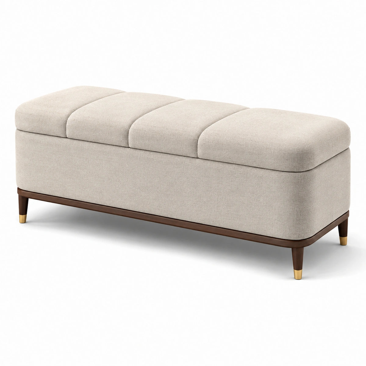 Banco de almacenamiento en tela de poliéster beige con estructura de madera y patas metálicas