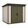 Cobertizo de resina impermeable con techo plano y puertas dobles beige y verde