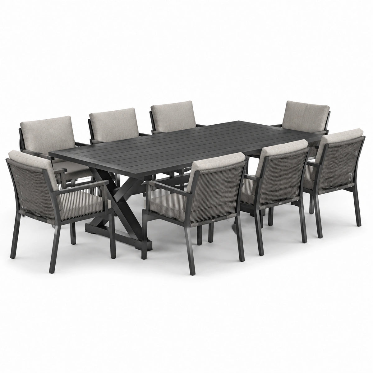 Conjunto de comedor de aluminio y cuerda para 8 personas con cojines gris antracita