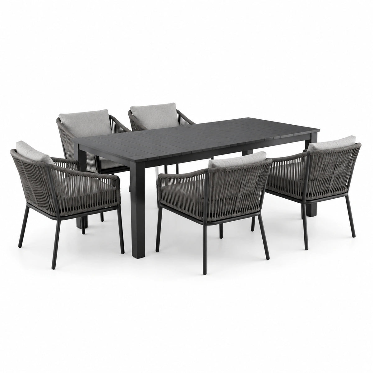 Conjunto de comedor exterior de aluminio gris oscuro con 6 sillas de cuerda y cojines