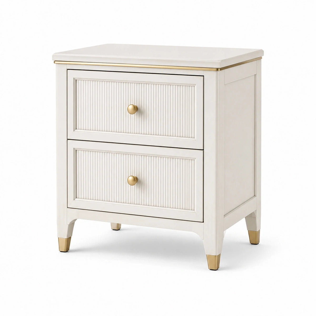 Mesita de noche de madera y metal blanco con detalles dorados
