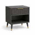 Mesita de noche de MDF negro con patas de metal dorado