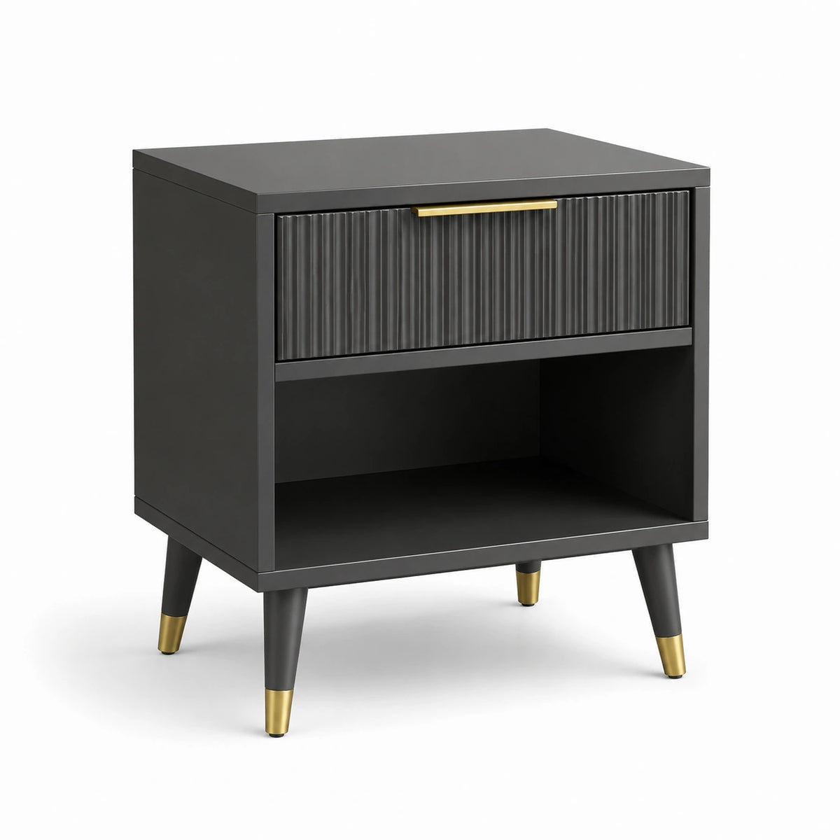 Mesita de noche de MDF negro con patas de metal dorado