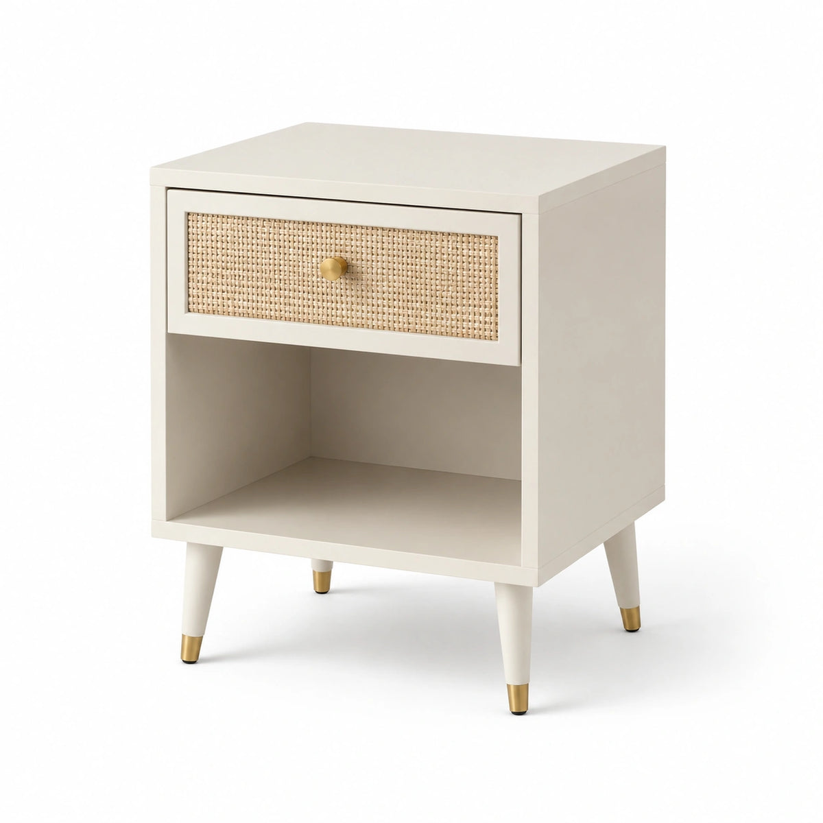 Mesita de noche de MDF con cajón de ratán y patas de madera