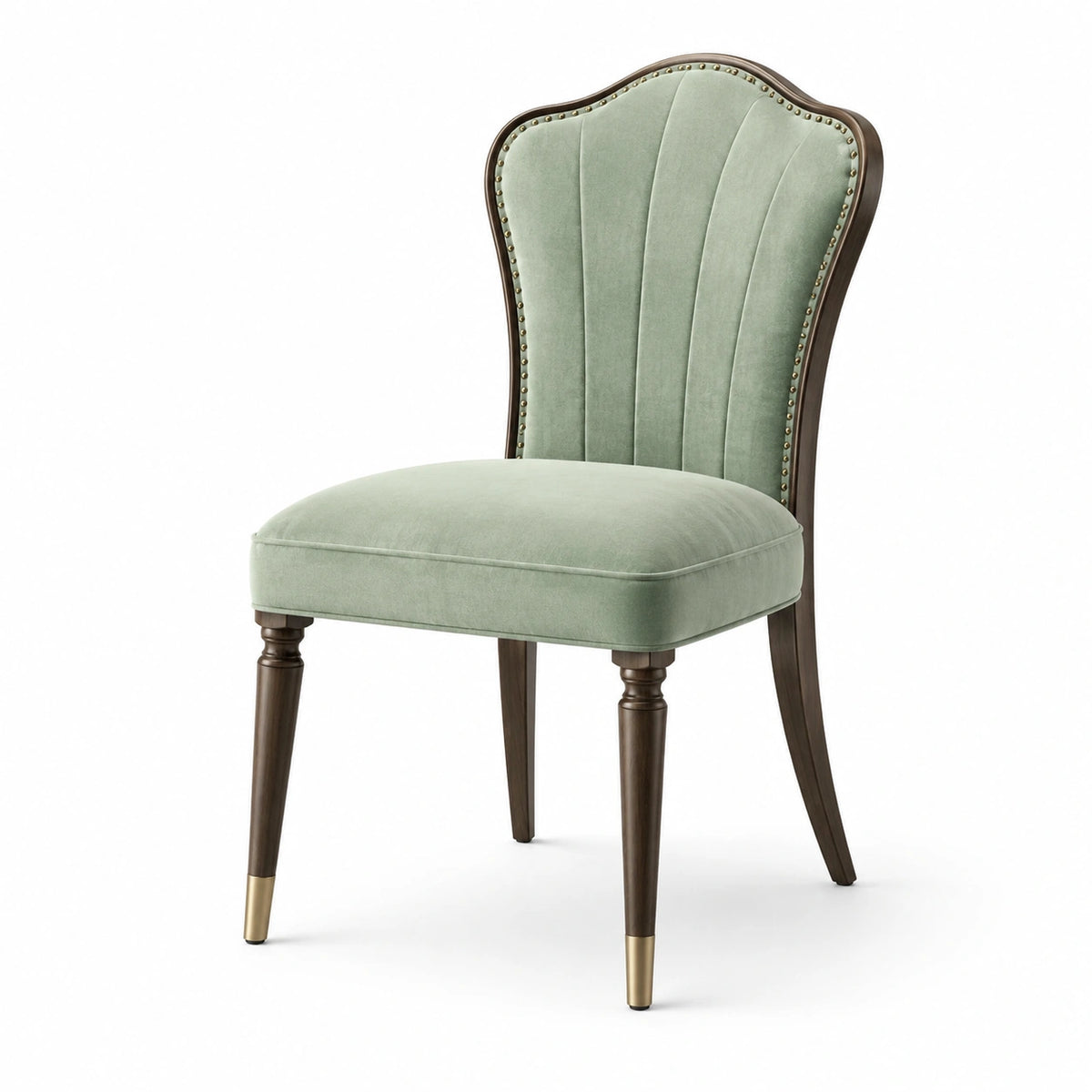 Silla de comedor con tapizado de terciopelo verde y patas de madera