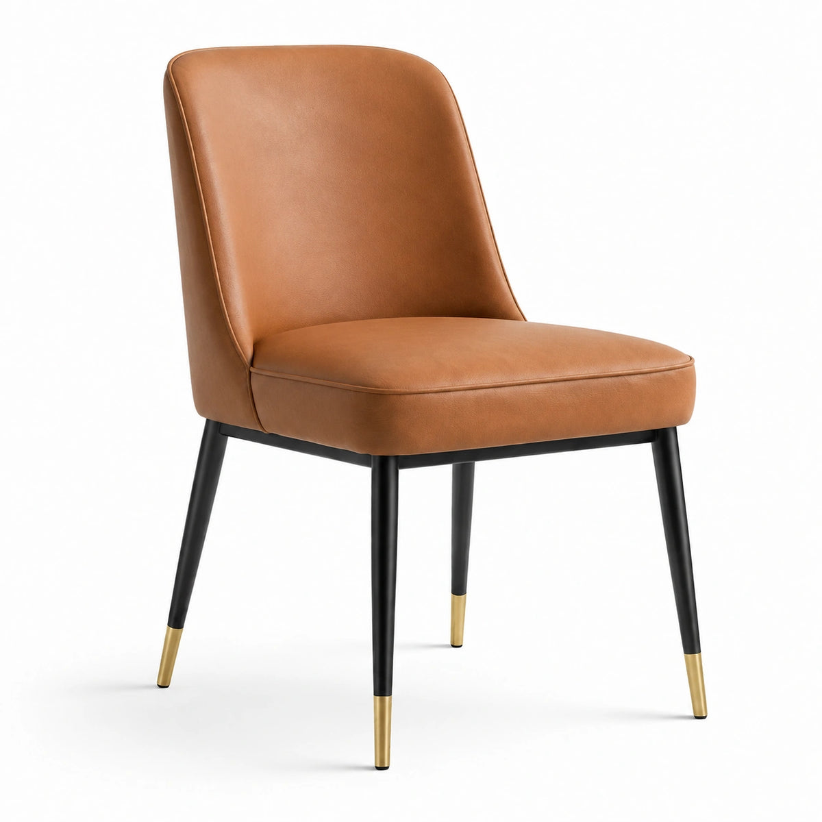 Silla de piel sintética marrón con patas de metal negro y detalle dorado
